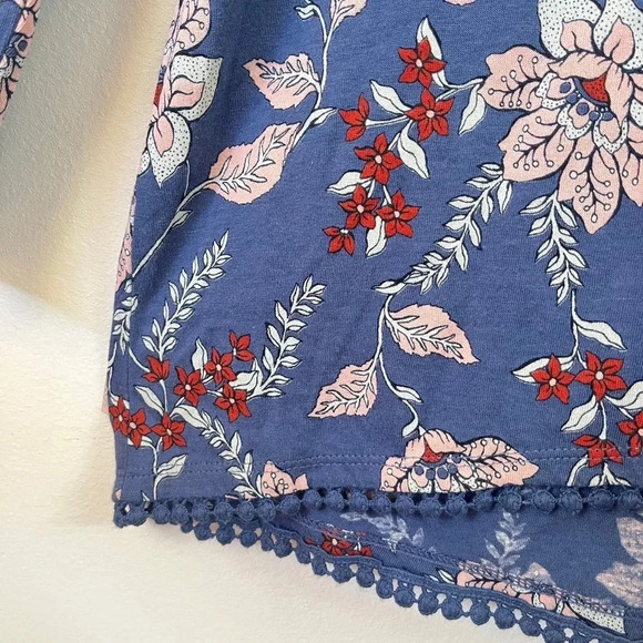 J. Jill Sz M Modal Denim Blue Floral Long Sleeve Tunic Blouse Trim Casual Vneck - Picture 5 of 10